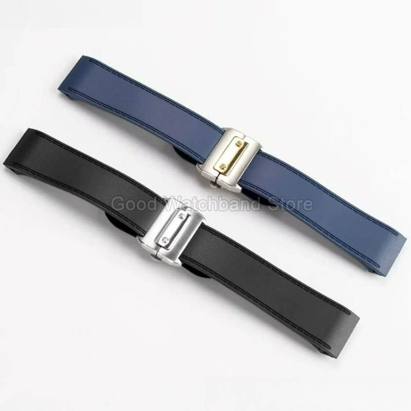 Cartier Watch Santos - สายนาฬิกายางคุณภาพสูงสีดำน้ำเงิน ขนาด 23 25 มม. แบบหน้าเรียบ